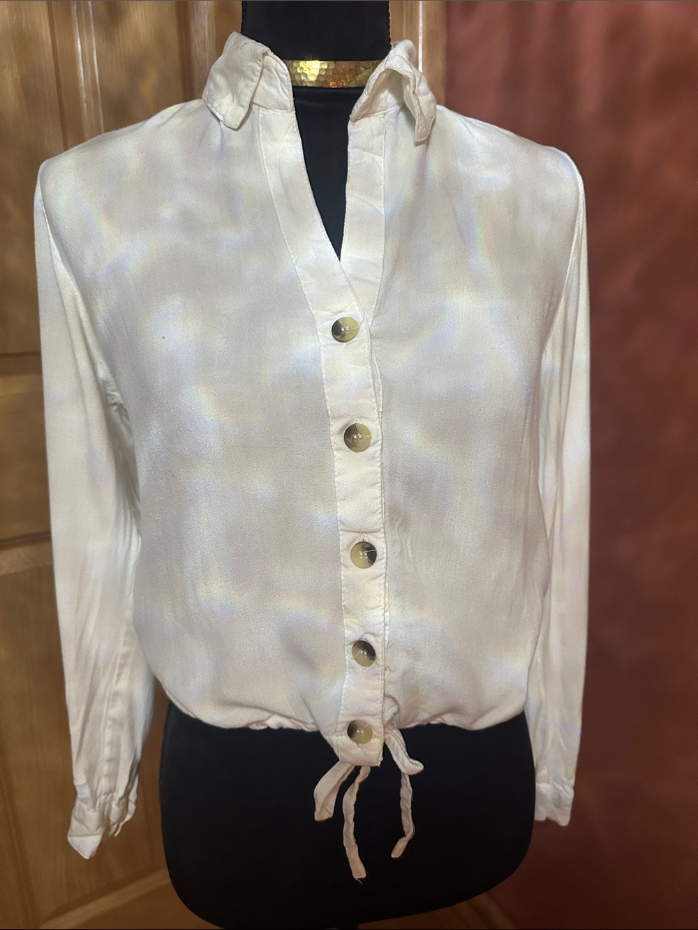 Style Envy Cream Button-Front Long Sleeve Shirt with Drawstring